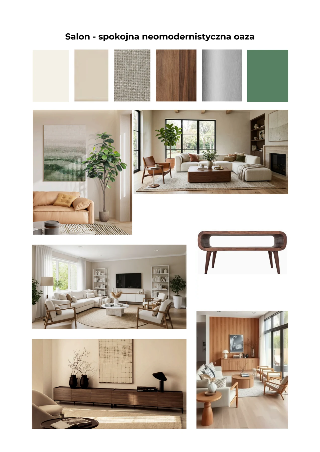 Moodboard salonu w stylu przytulnego neomodernizmu
