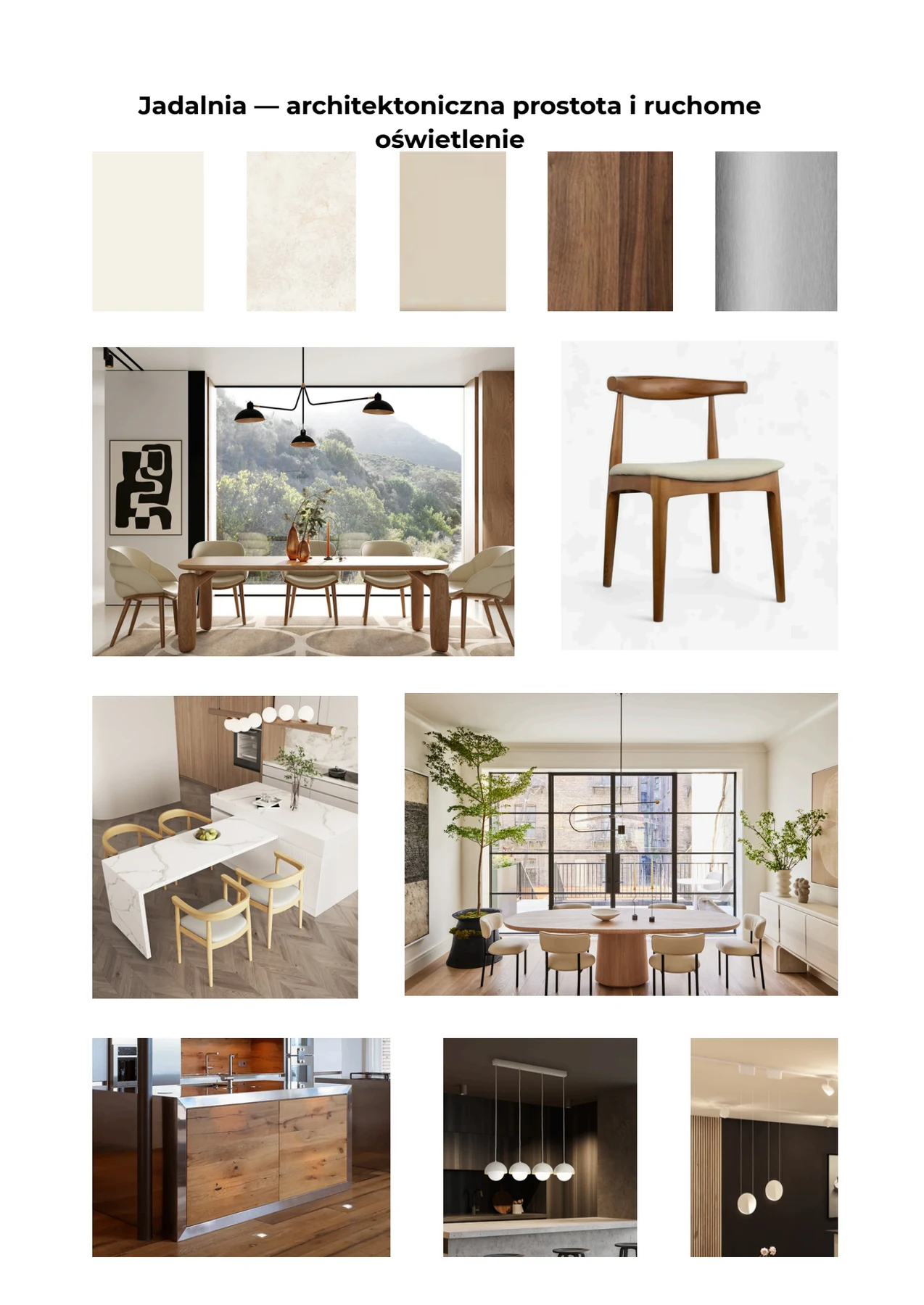 Moodboard jadalni z prostymi formami i ruchomym oświetleniem