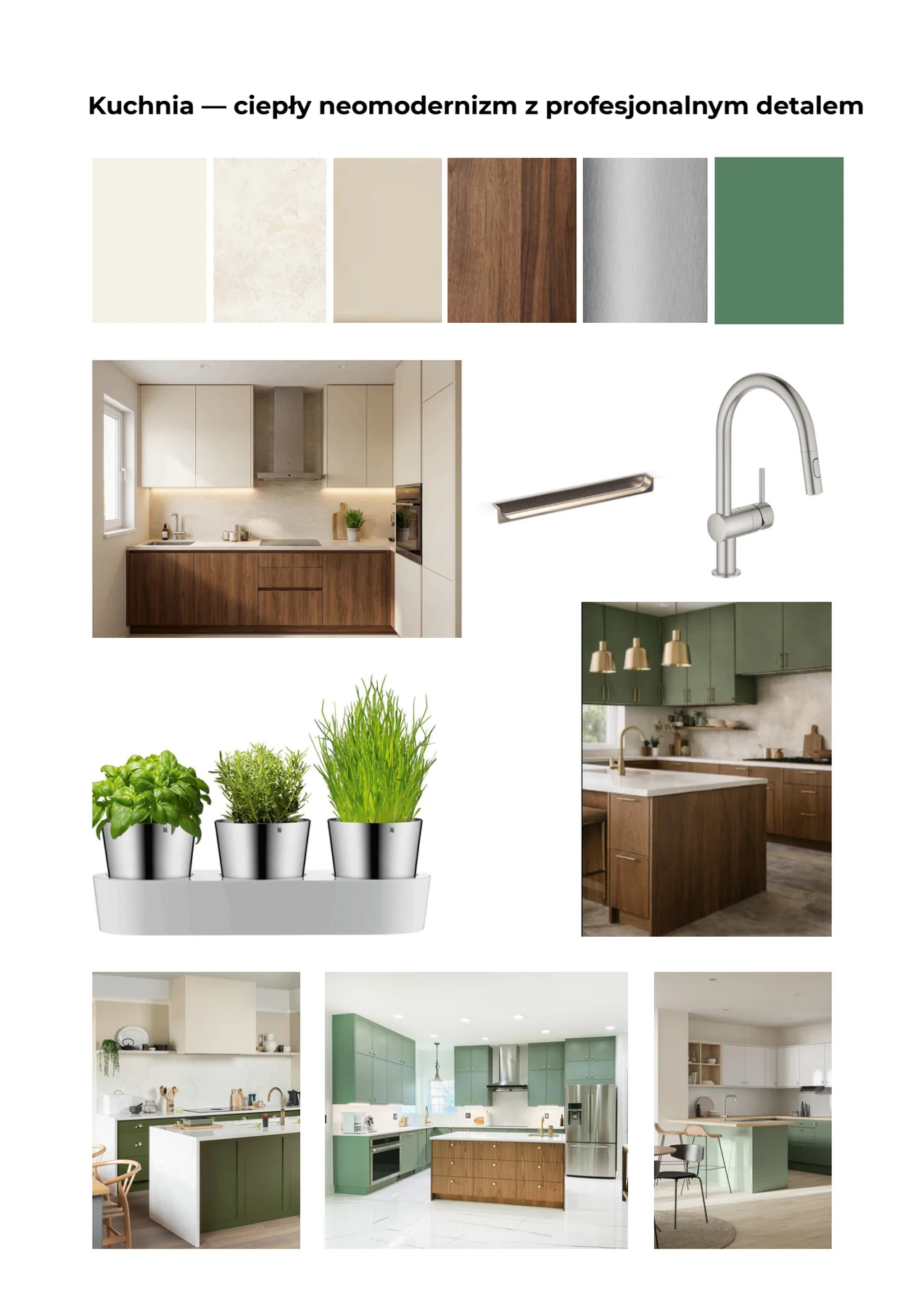 Moodboard kuchni z ciepłymi materiałami i zielonym akcentem