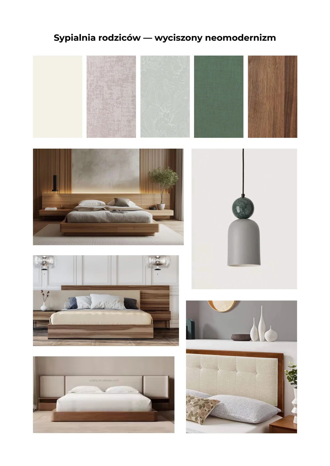 Moodboard wyciszonej sypialni rodziców