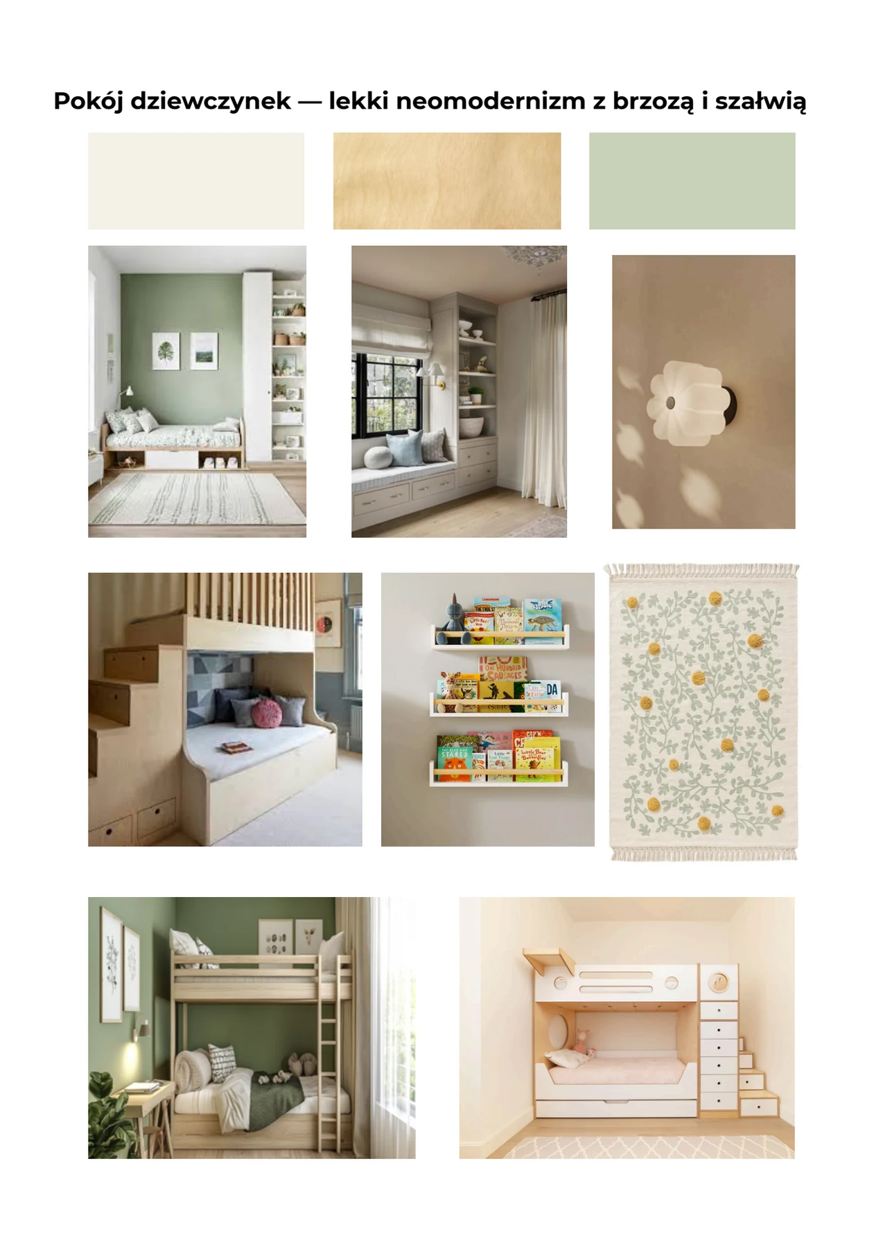 Moodboard pokoju dzieci z brzozą i szałwią