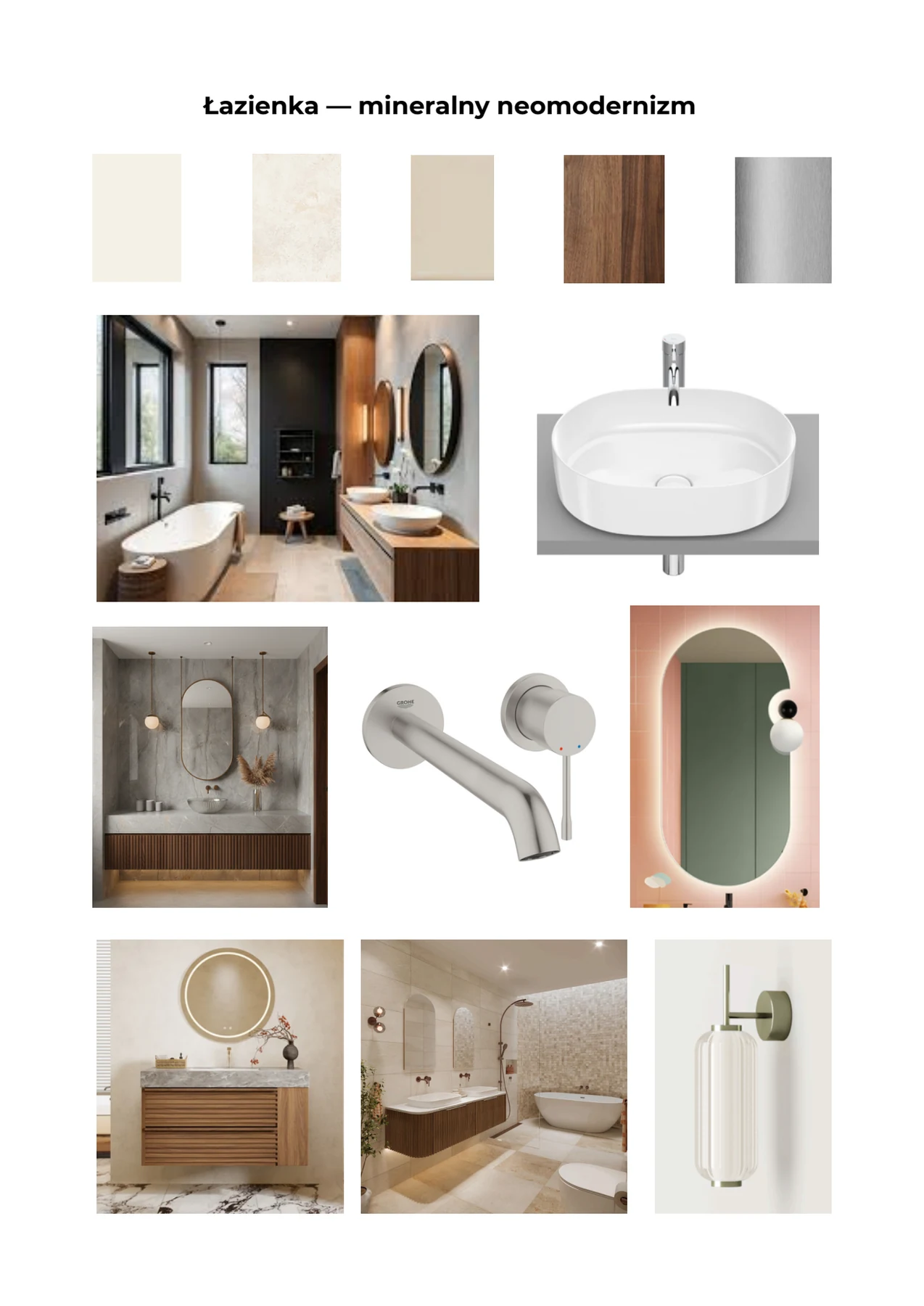 Moodboard łazienki z mineralną paletą materiałów