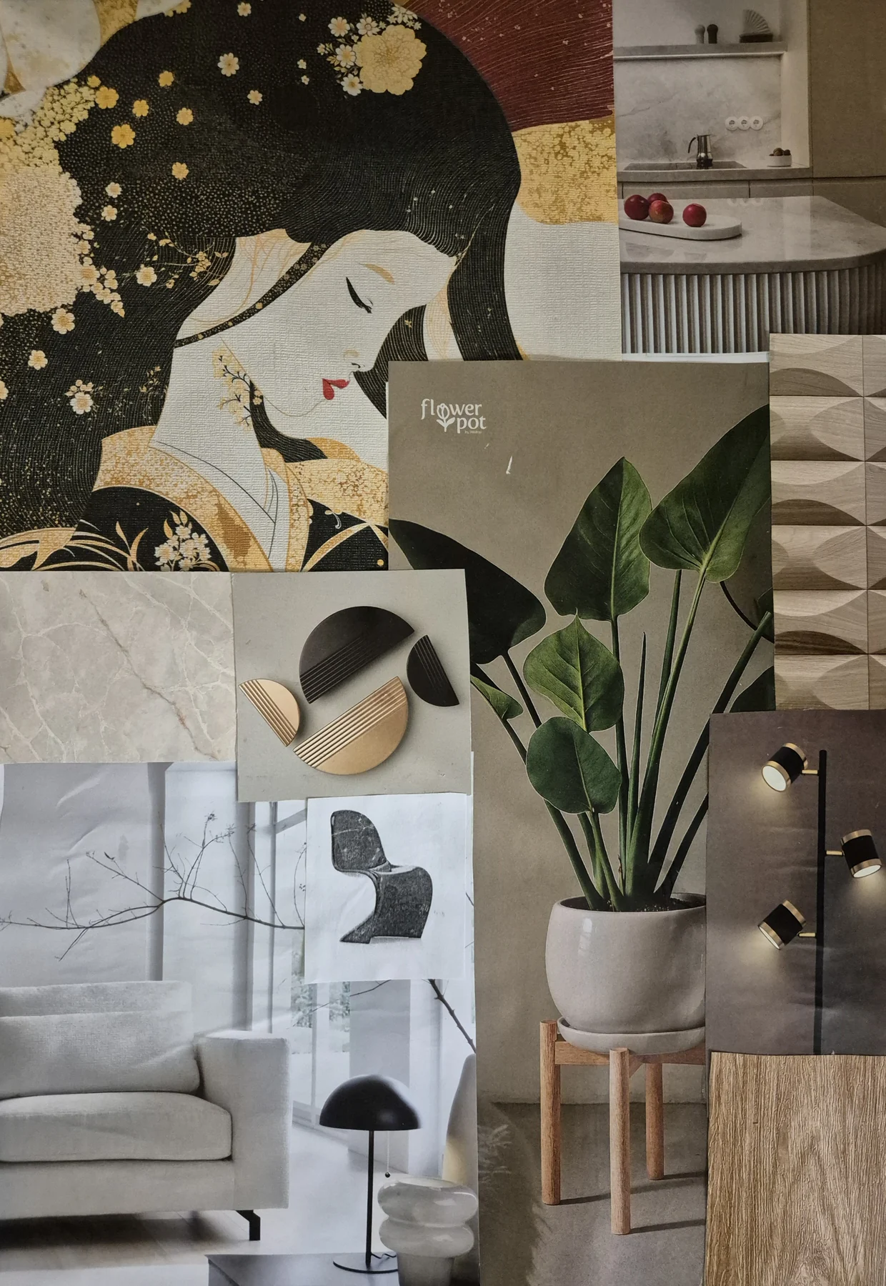 Moodboard inspiracji projektu Japandi z biblioteką