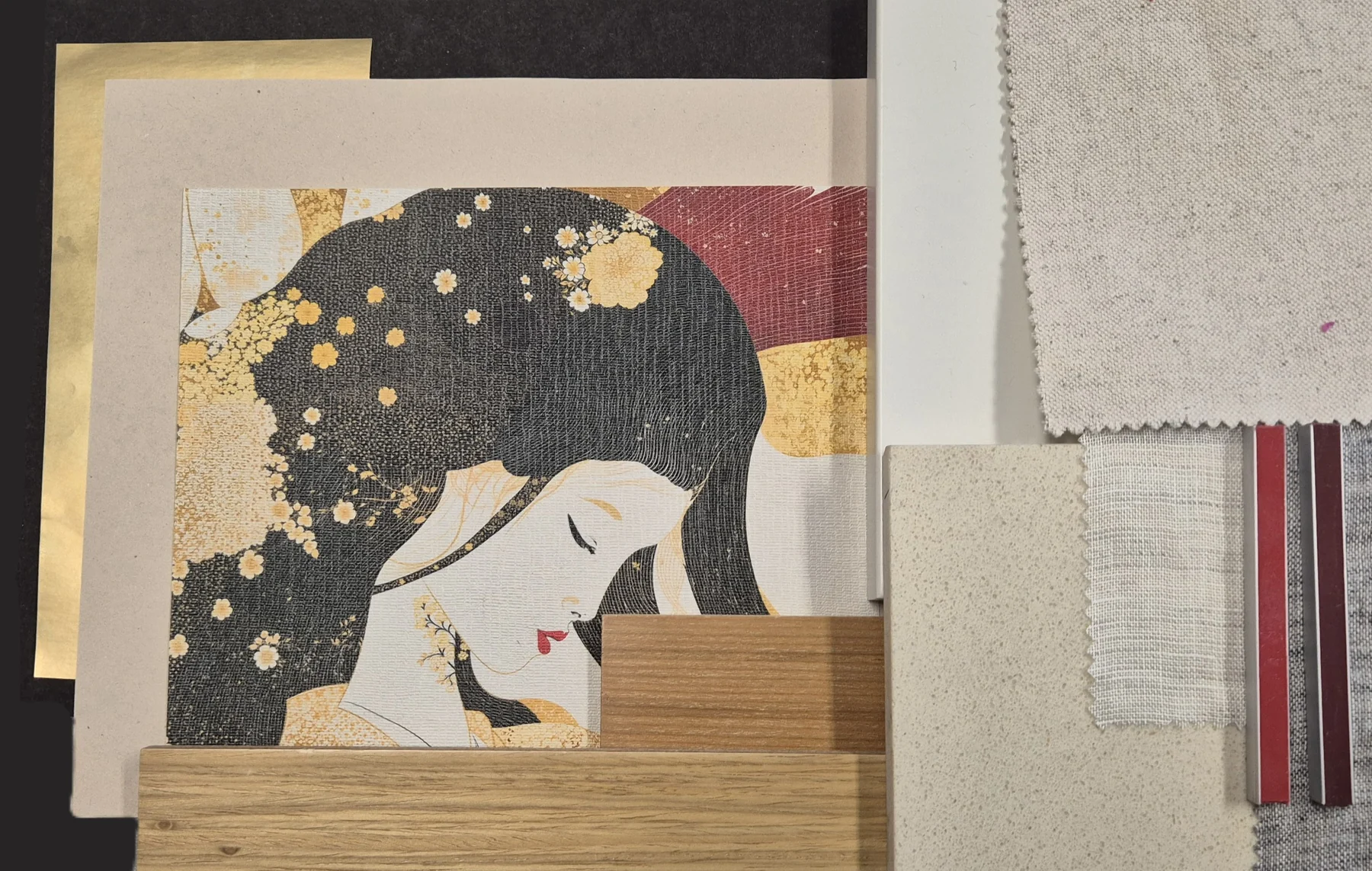 Moodboard materiałowy projektu Japandi z biblioteką